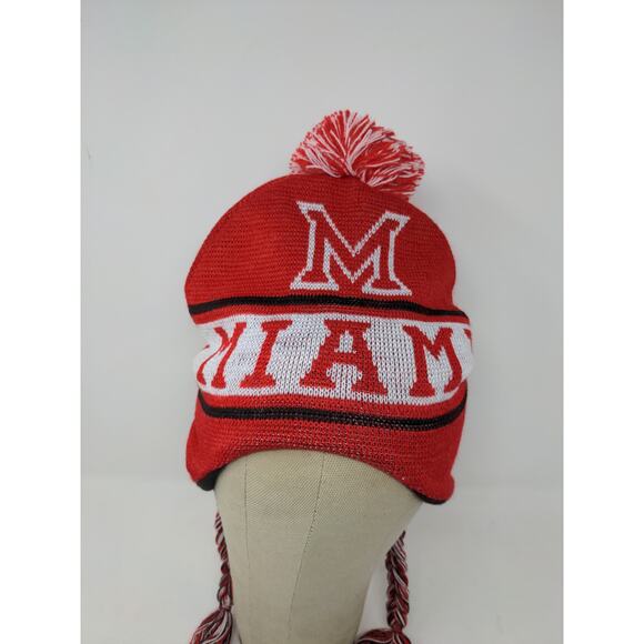 Miami Florida Beanie Hat 100% Acrylic Red & White W/Pom Pom and Strings - Picture 3 of 11